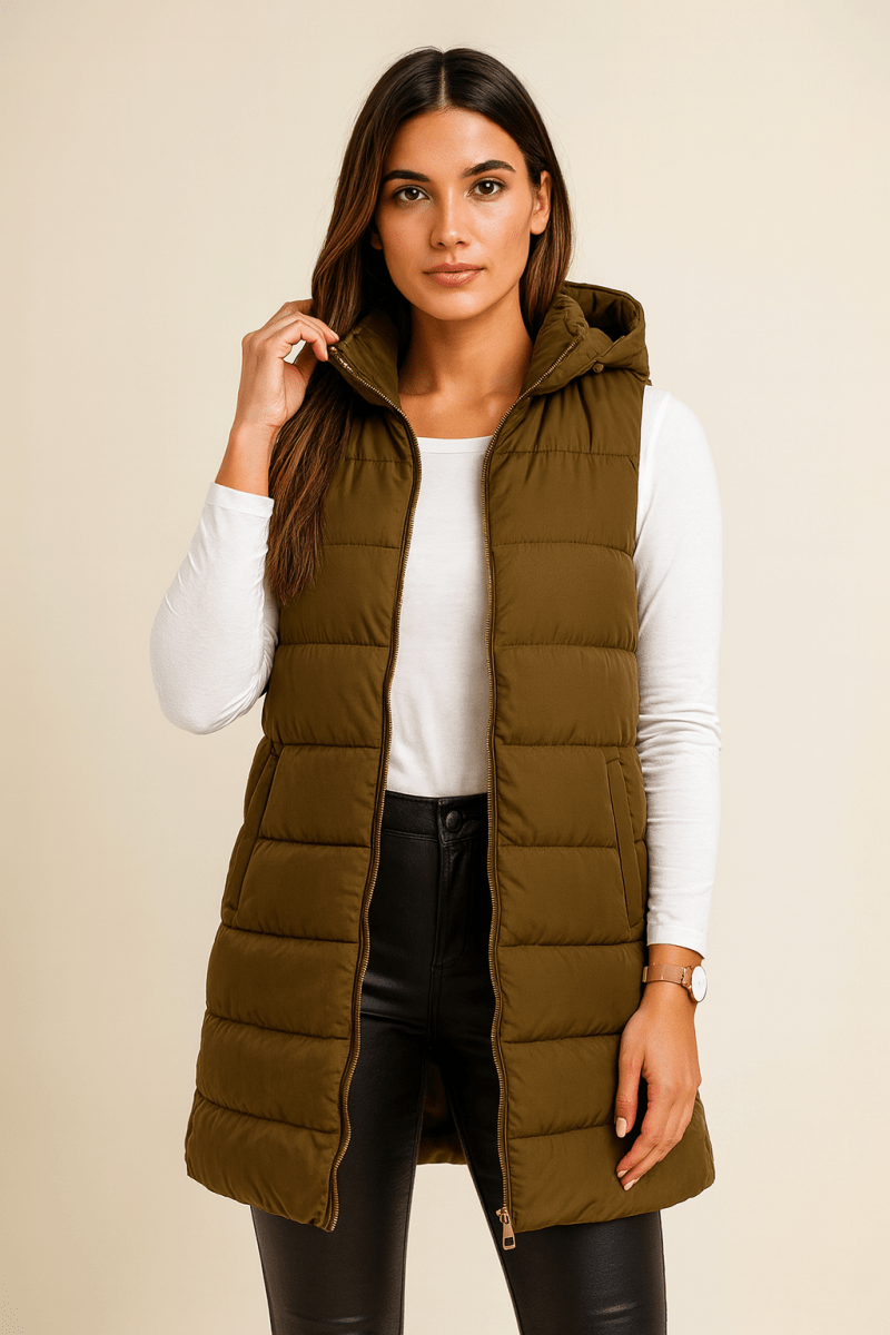 ELENA | CASUAL SLEEVELESS HOODED LONG PUFFER VEST - Edith & Mae