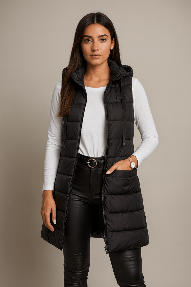 ELENA | CASUAL SLEEVELESS HOODED LONG PUFFER VEST - Edith & Mae