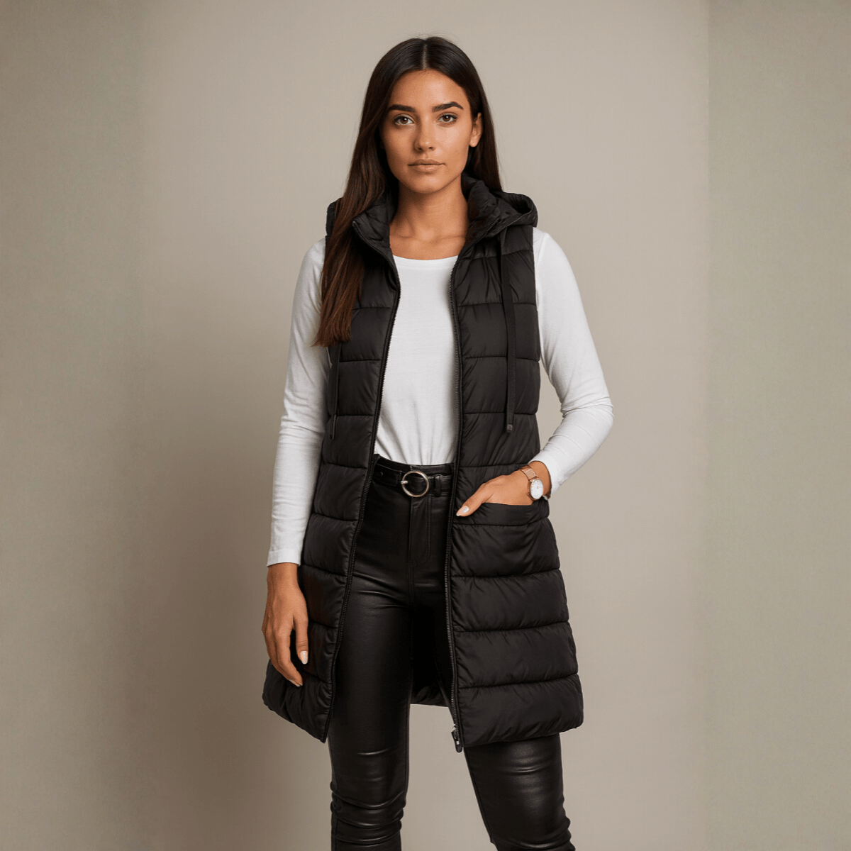ELENA | CASUAL SLEEVELESS HOODED LONG PUFFER VEST - Edith & Mae