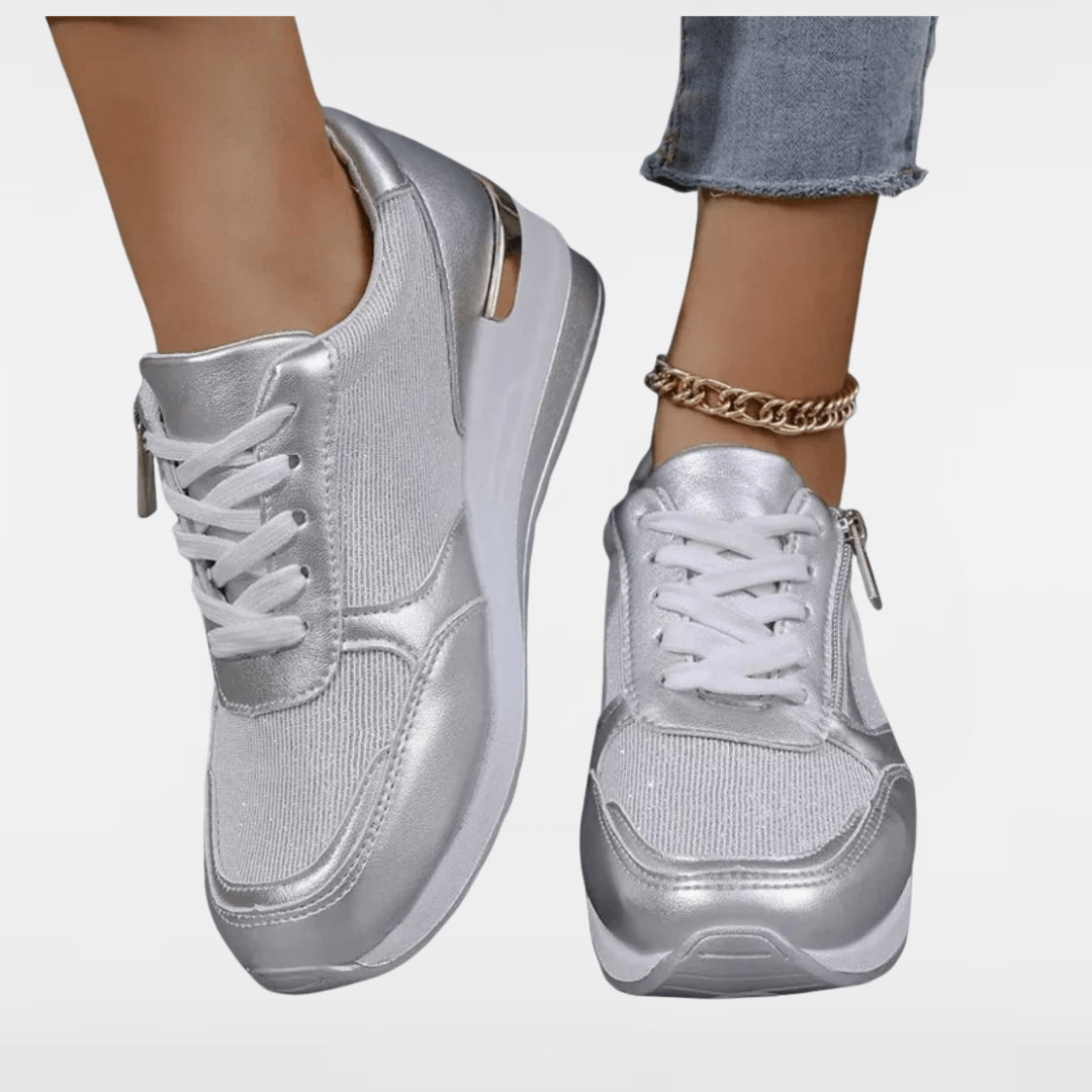 JENNY | LACE - UP SIDE - ZIP FASHION SNEAKERS IN SPARKLY SILVER AND GOLD - Edith & Mae