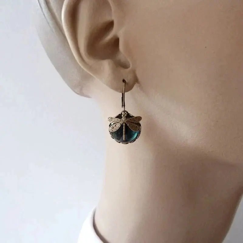 SPHERICAL DRAGONFLY EARRINGS IN ANTIQUE GOLD - Edith & Mae