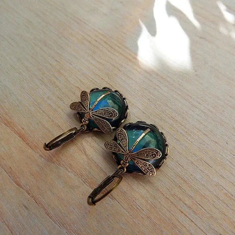 SPHERICAL DRAGONFLY EARRINGS IN ANTIQUE GOLD - Edith & Mae